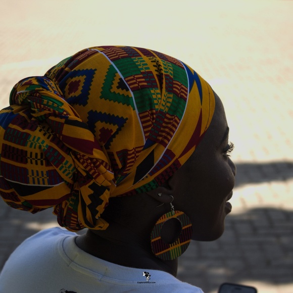 Orange Blue and Red African Kente Headwrap - Picture 3 of 3